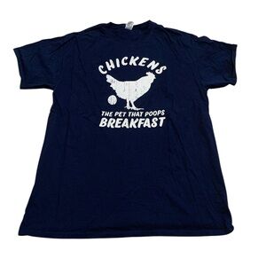 Funny Navy Blue Shirt L Chickens The Pet That Poops Breakfast Fruit of the Loom
